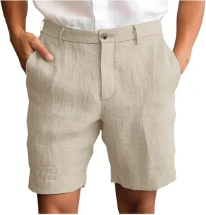 Mens Cotton Linen Shorts Flat Front Business Casual Dress Pants Button Up Elastic Waist Summer Beach Slim Fit Short