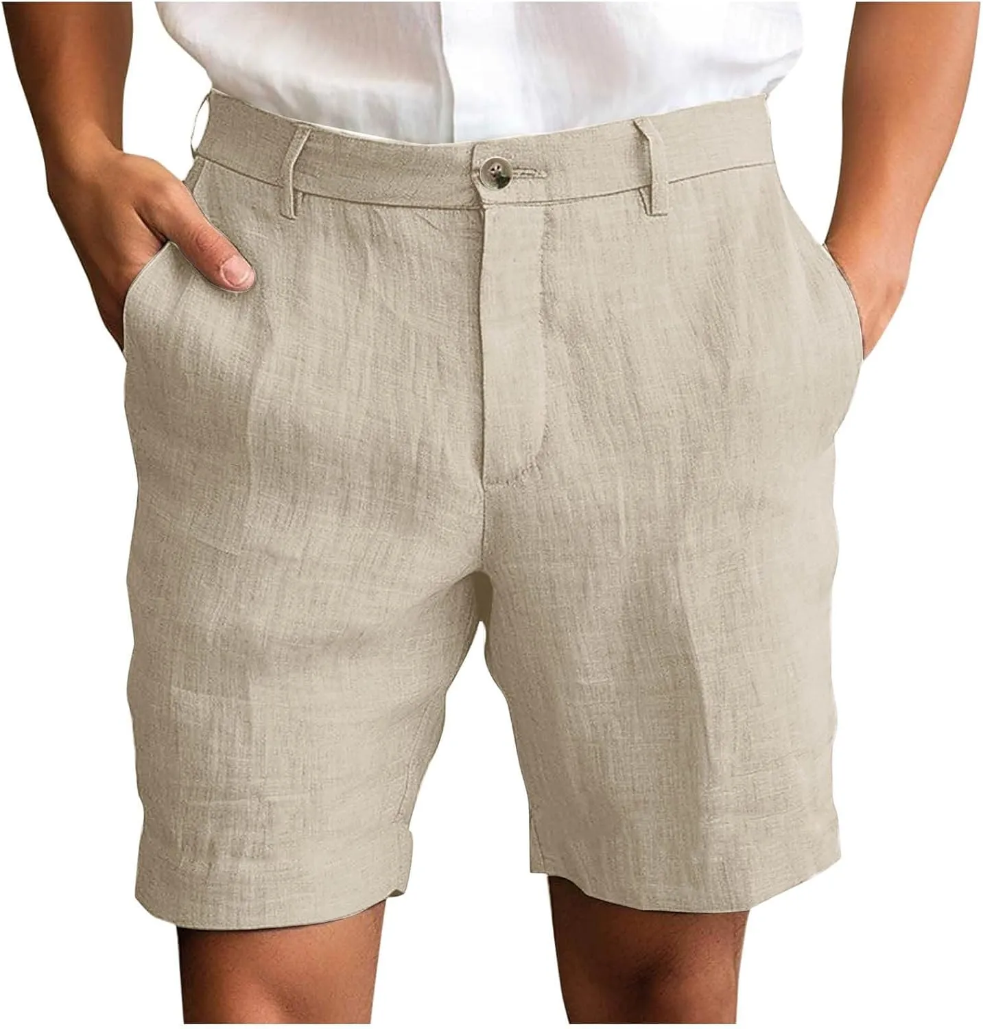 Mens Cotton Linen Shorts Flat Front Business Casual Dress Pants Button Up Elastic Waist Summer Beach Slim Fit Short