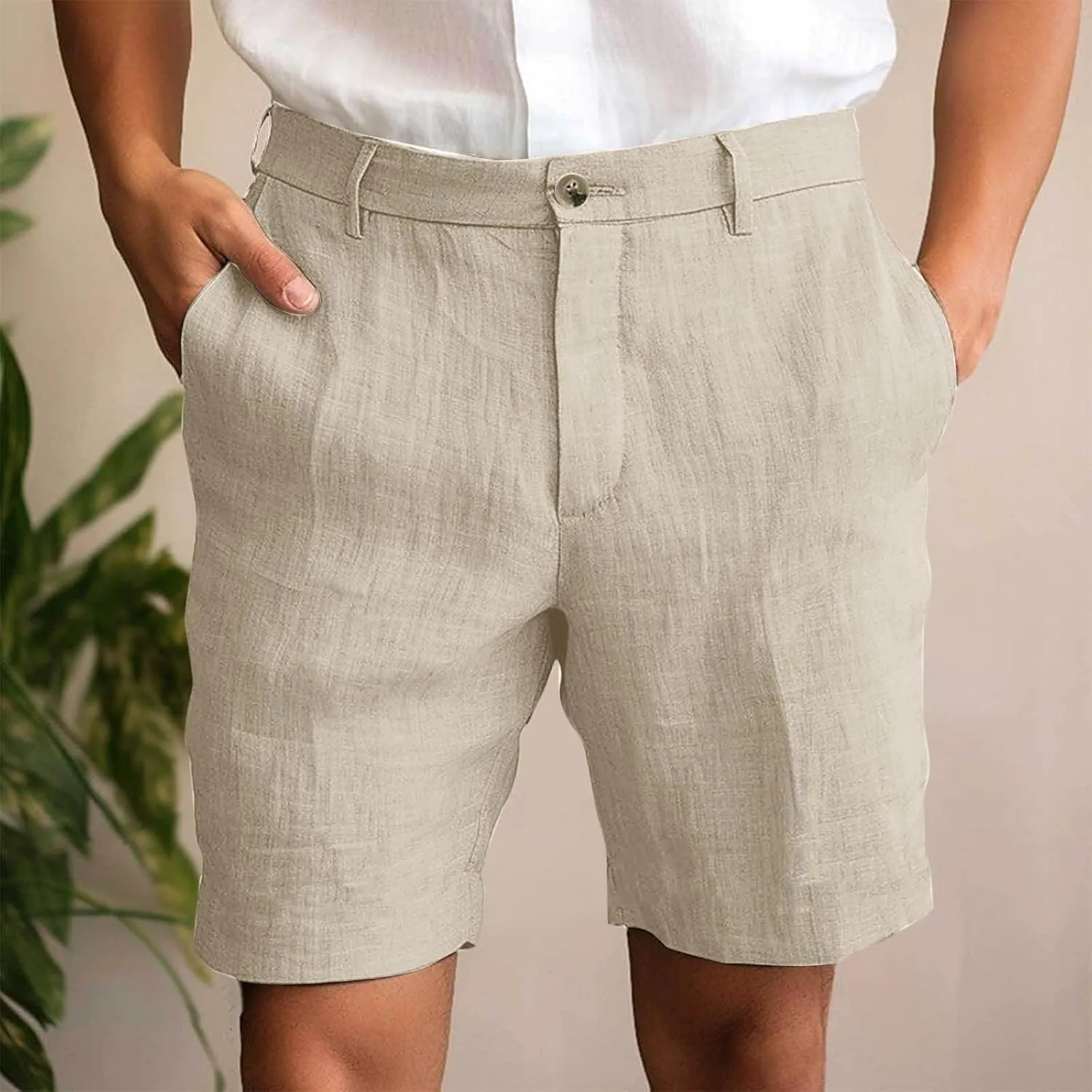 Mens Cotton Linen Shorts Flat Front Business Casual Dress Pants Button Up Elastic Waist Summer Beach Slim Fit Short