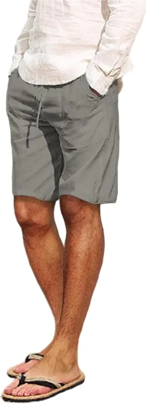 Men's Cotton Linen Shorts with Multi-Pocket Drawstring Pants Casual Summer Beach Loose Trousers Spring