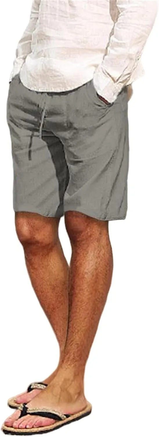 Men's Cotton Linen Shorts with Multi-Pocket Drawstring Pants Casual Summer Beach Loose Trousers Spring