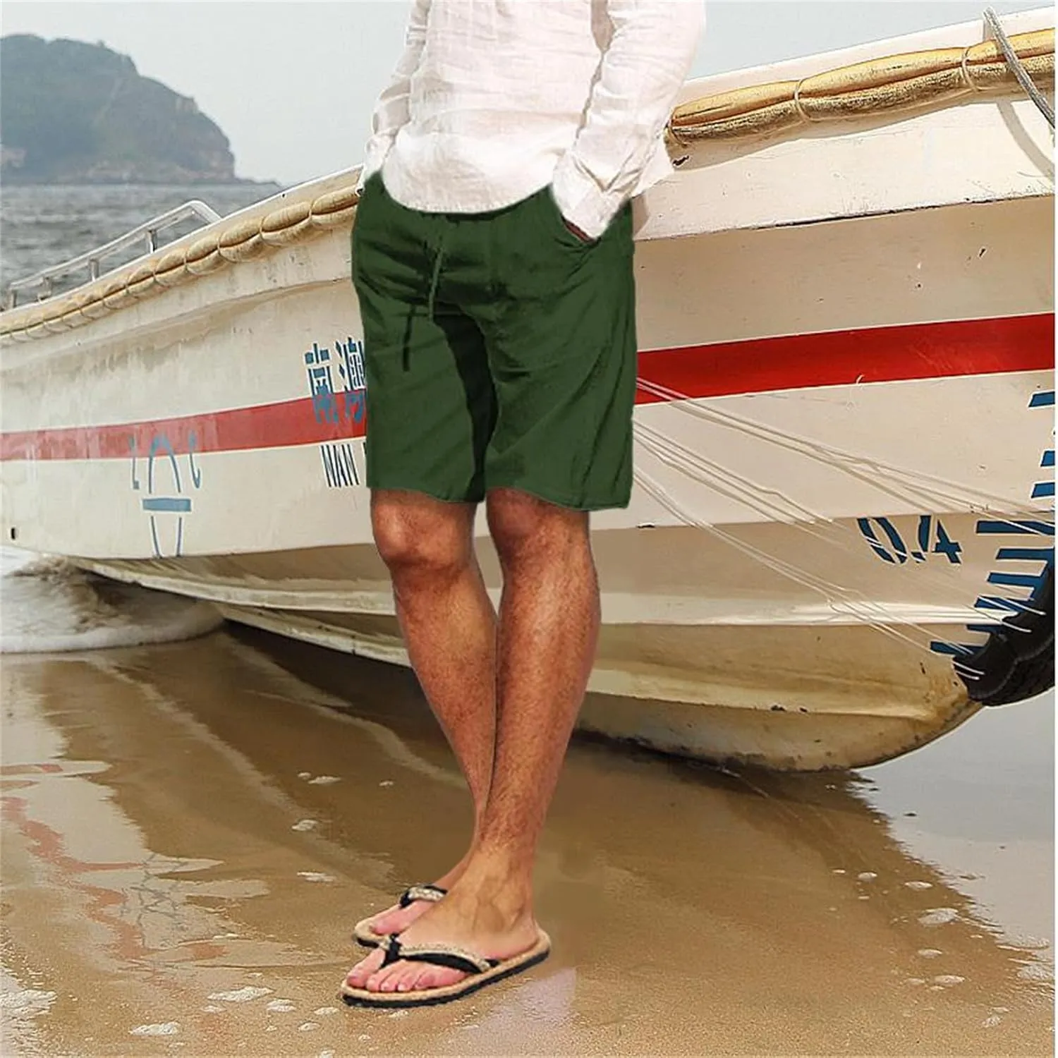 Men's Cotton Linen Shorts with Multi-Pocket Drawstring Pants Casual Summer Beach Loose Trousers Spring