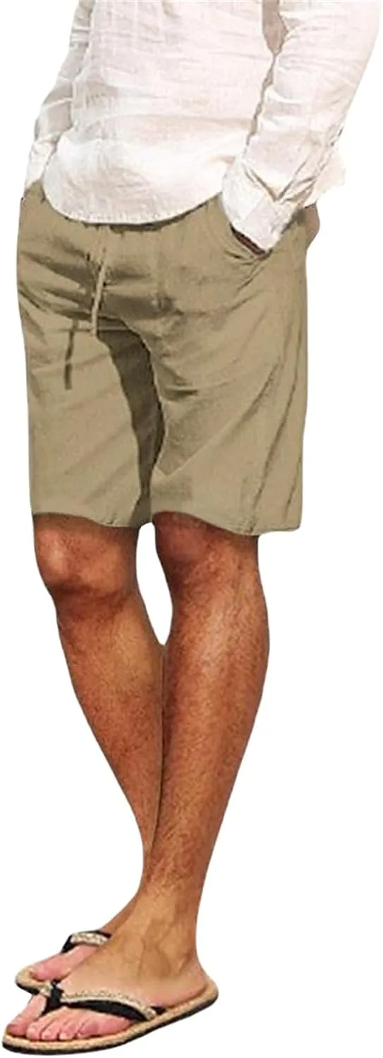 Men's Cotton Linen Shorts with Multi-Pocket Drawstring Pants Casual Summer Beach Loose Trousers Spring