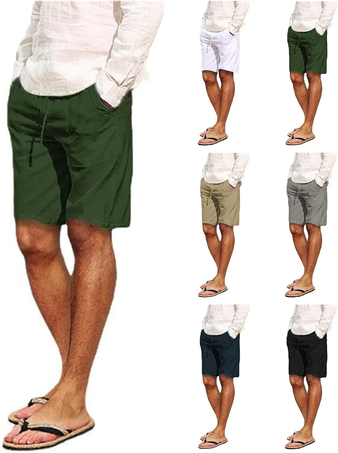 Men's Cotton Linen Shorts with Multi-Pocket Drawstring Pants Casual Summer Beach Loose Trousers Spring