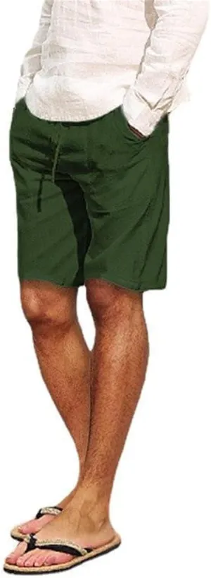 Men's Cotton Linen Shorts with Multi-Pocket Drawstring Pants Casual Summer Beach Loose Trousers Spring