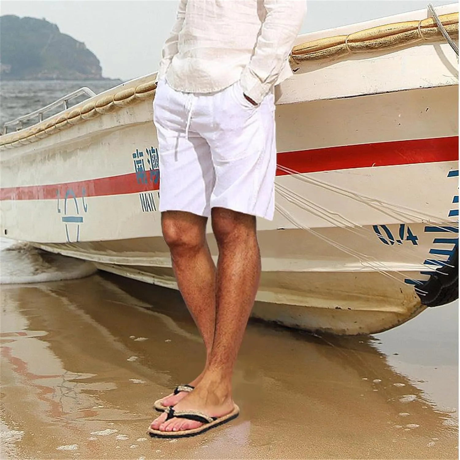 Men's Cotton Linen Shorts with Multi-Pocket Drawstring Pants Casual Summer Beach Loose Trousers Spring