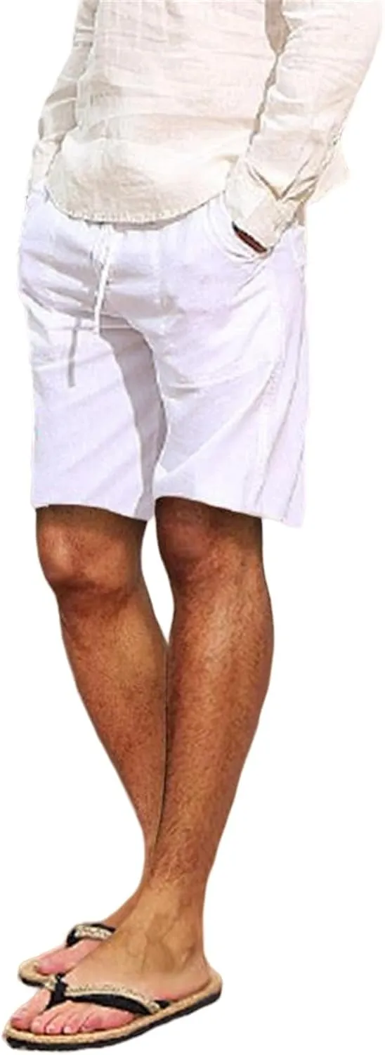 Men's Cotton Linen Shorts with Multi-Pocket Drawstring Pants Casual Summer Beach Loose Trousers Spring