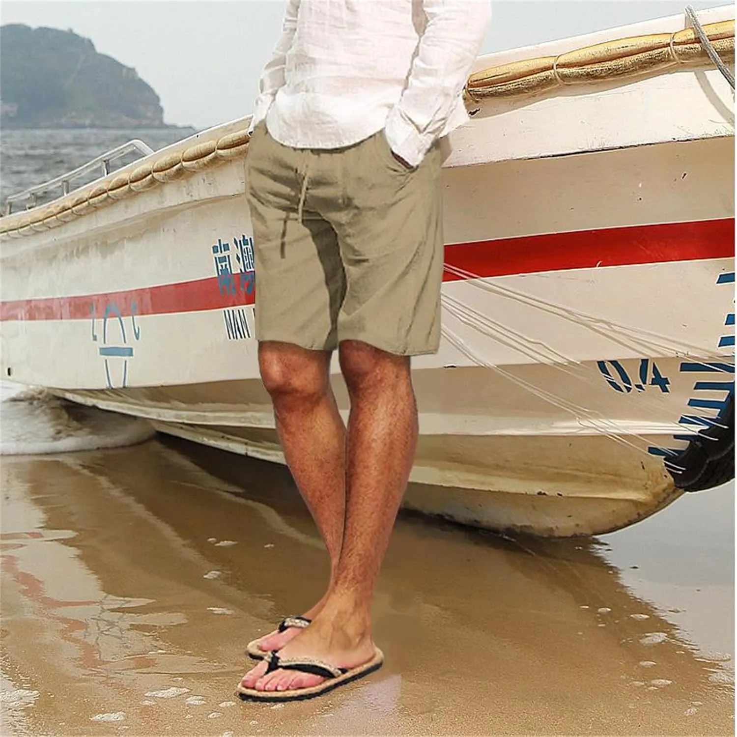 Men's Cotton Linen Shorts with Multi-Pocket Drawstring Pants Casual Summer Beach Loose Trousers Spring