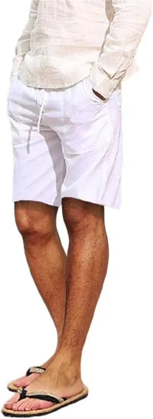 Men's Cotton Linen Shorts with Multi-Pocket Drawstring Pants Casual Summer Beach Loose Trousers Spring