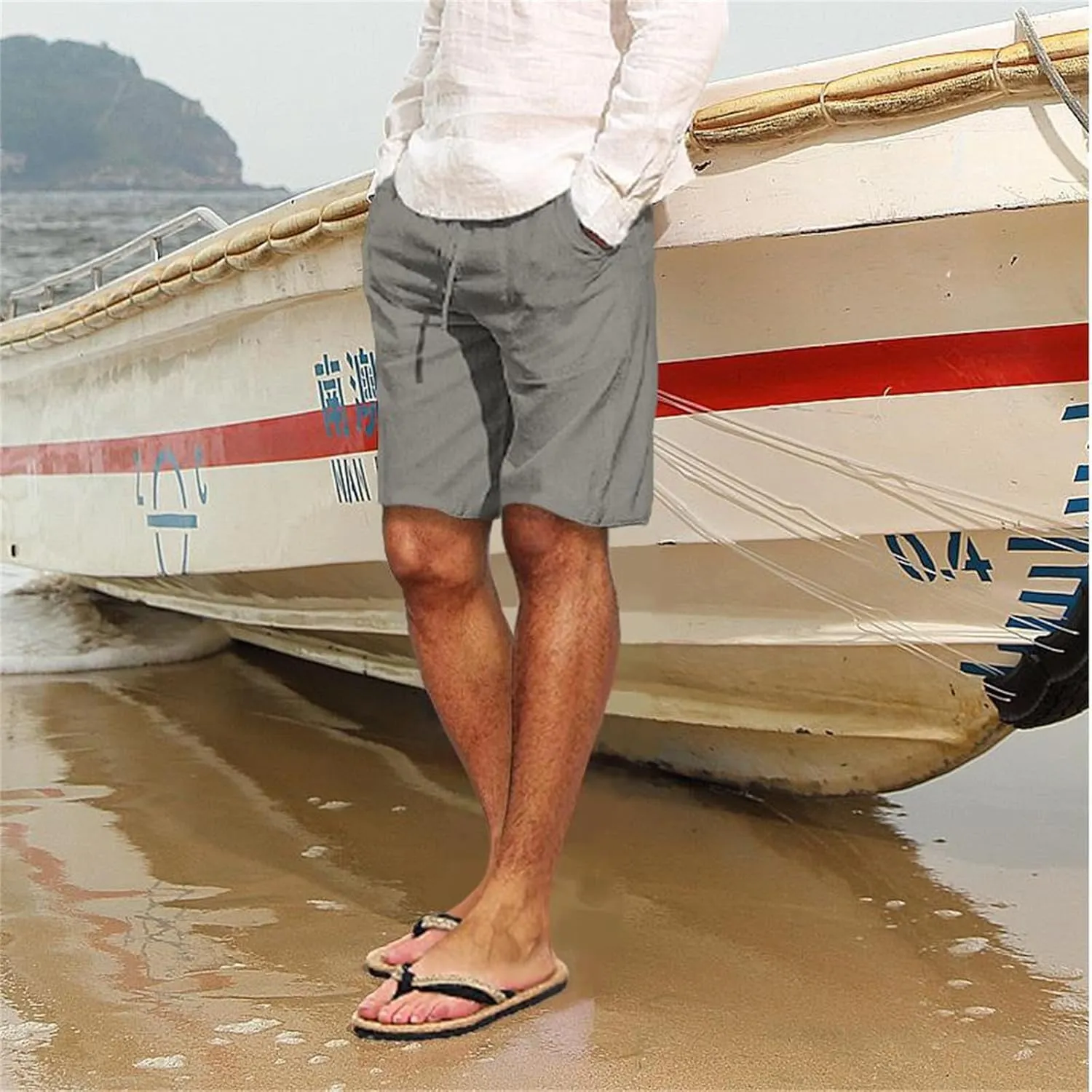 Men's Cotton Linen Shorts with Multi-Pocket Drawstring Pants Casual Summer Beach Loose Trousers Spring