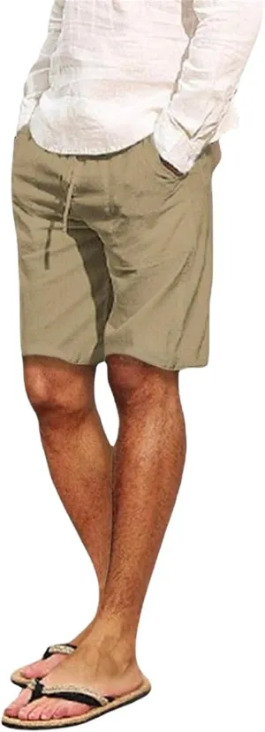 Men's Cotton Linen Shorts with Multi-Pocket Drawstring Pants Casual Summer Beach Loose Trousers Spring