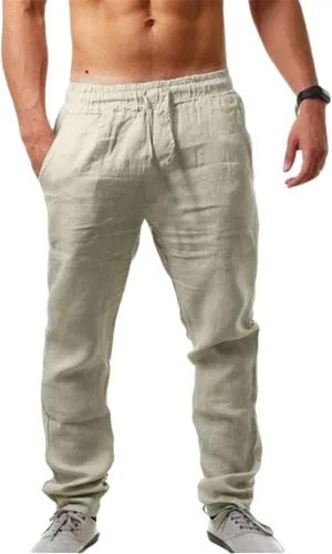 Men's Cotton Linen Trousers Sports Workout Baggy Pants Breathable Comfy Sweat Pants Summer Lightweight Soft Trousers