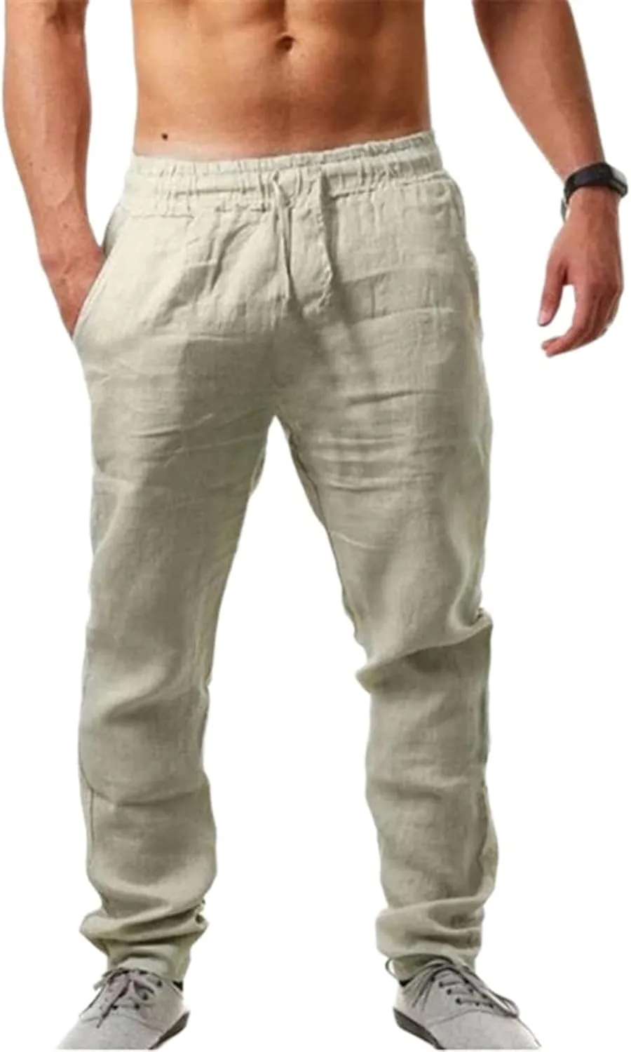 Men's Cotton Linen Trousers Sports Workout Baggy Pants Breathable Comfy Sweat Pants Summer Lightweight Soft Trousers