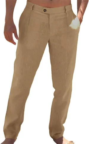 Mens Dress Casual Pants Plain Flat Front Pant Lightweight Beach Slacks Outdoor Fashion Summer Trouser with Pockets