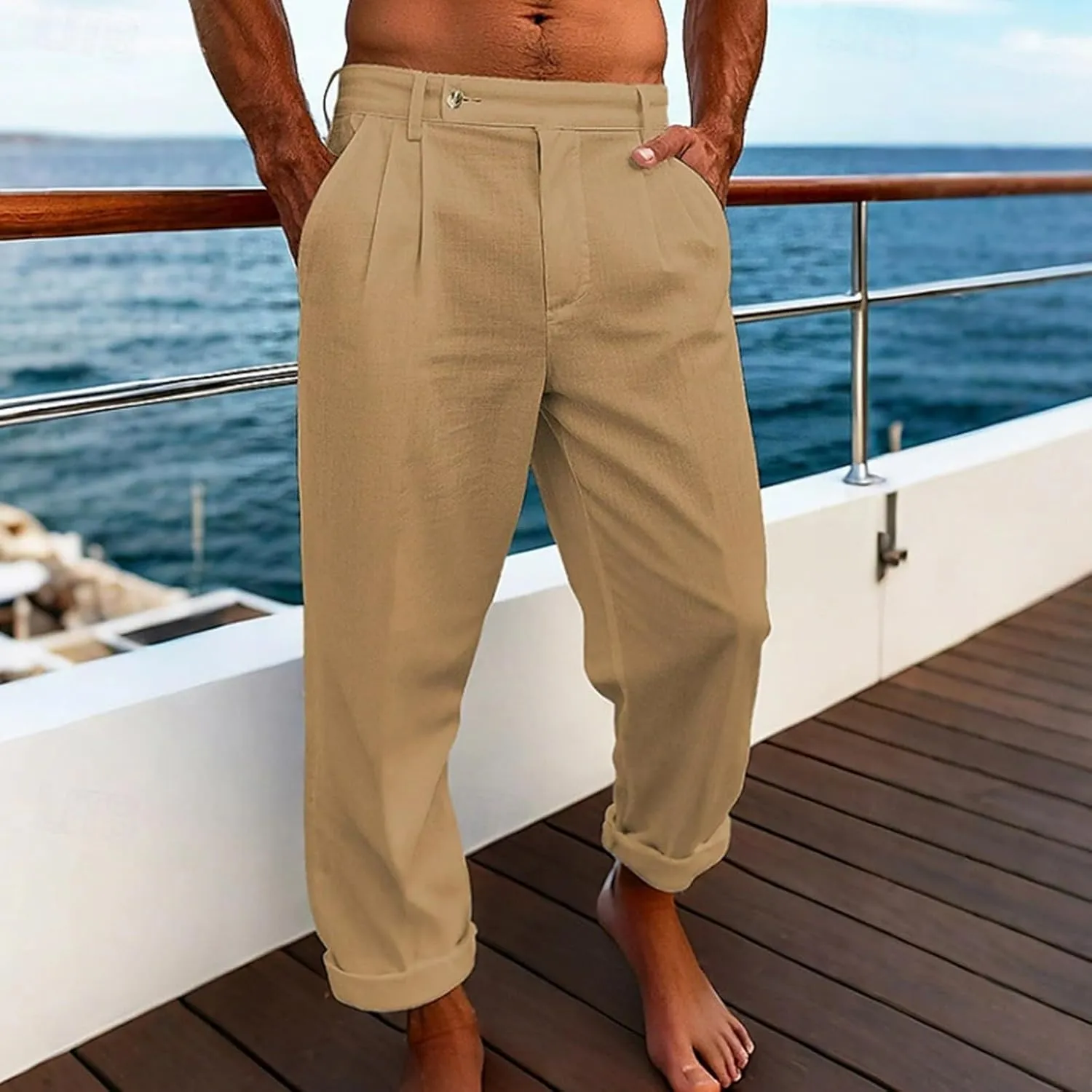 Mens Dress Casual Pants Plain Flat Front Pant Lightweight Beach Slacks Outdoor Fashion Summer Trouser with Pockets