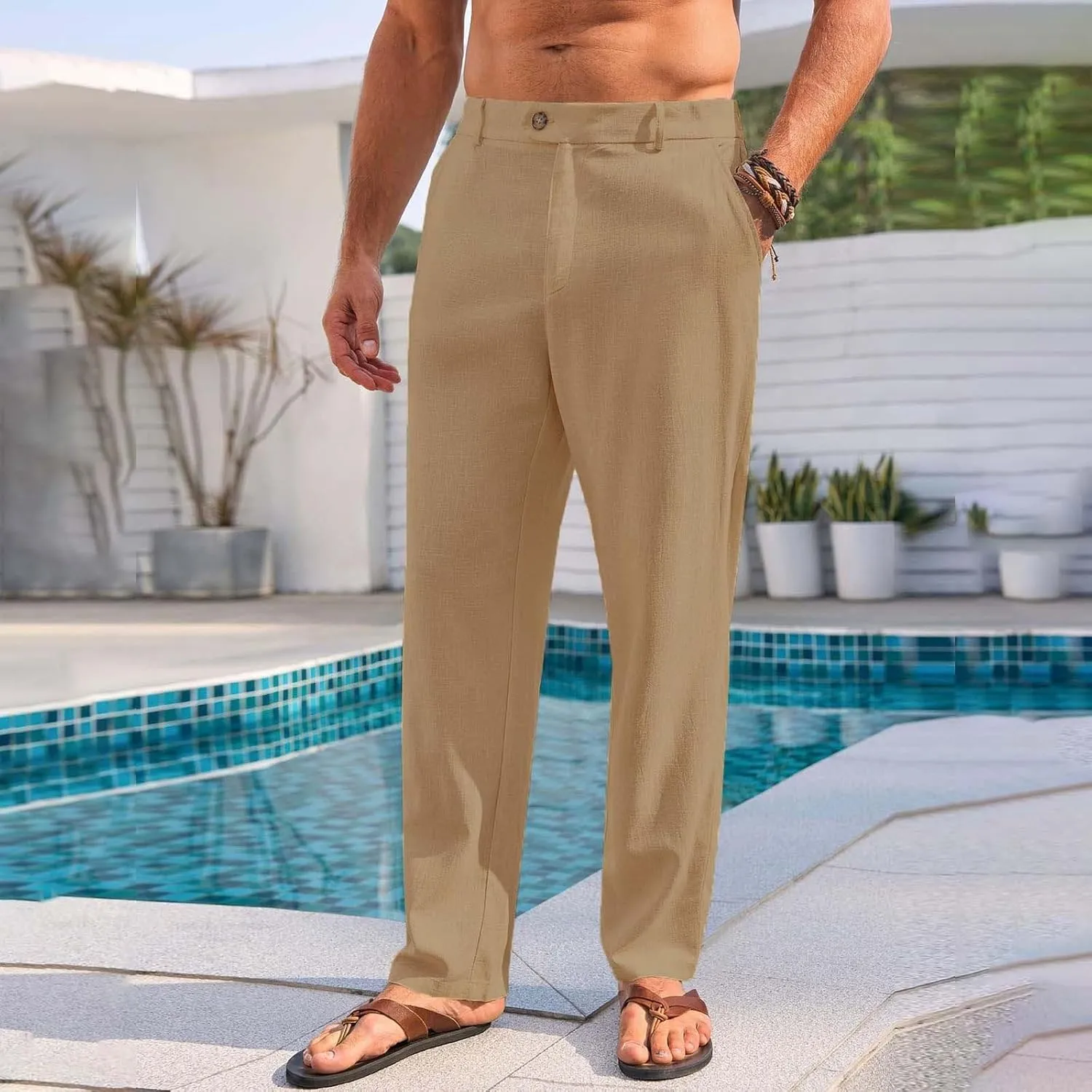 Mens Dress Casual Pants Plain Flat Front Pant Lightweight Beach Slacks Outdoor Fashion Summer Trouser with Pockets