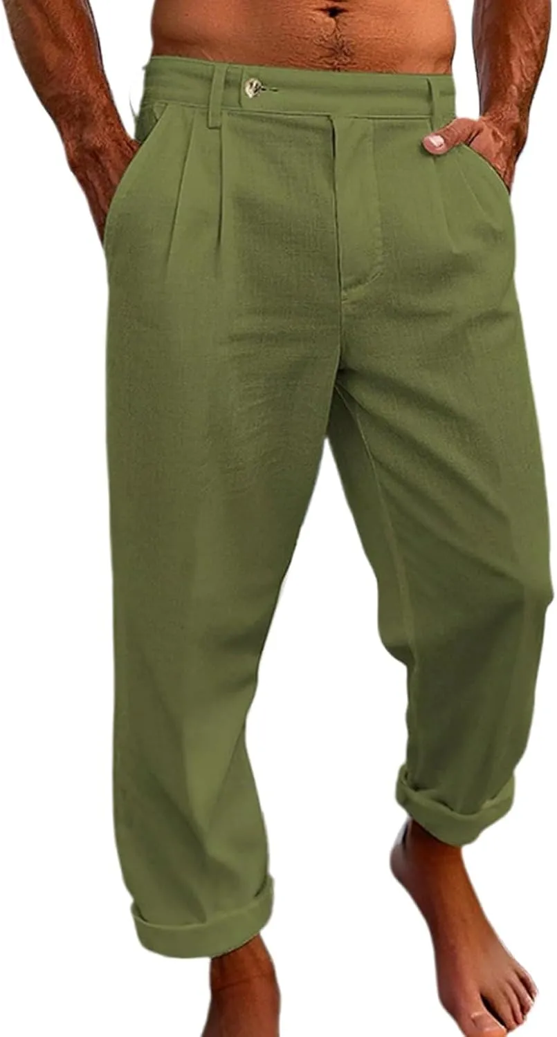 Mens Dress Casual Pants Plain Flat Front Pant Lightweight Beach Slacks Outdoor Fashion Summer Trouser with Pockets