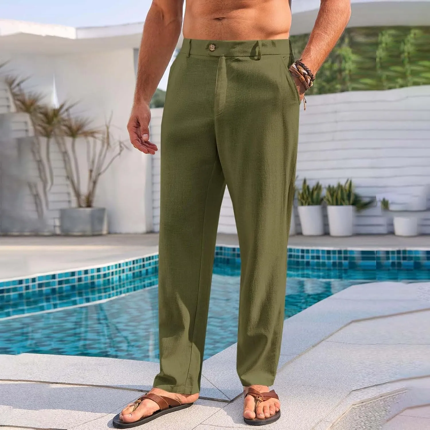 Mens Dress Casual Pants Plain Flat Front Pant Lightweight Beach Slacks Outdoor Fashion Summer Trouser with Pockets