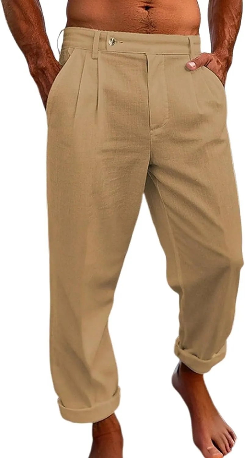 Mens Dress Casual Pants Plain Flat Front Pant Lightweight Beach Slacks Outdoor Fashion Summer Trouser with Pockets