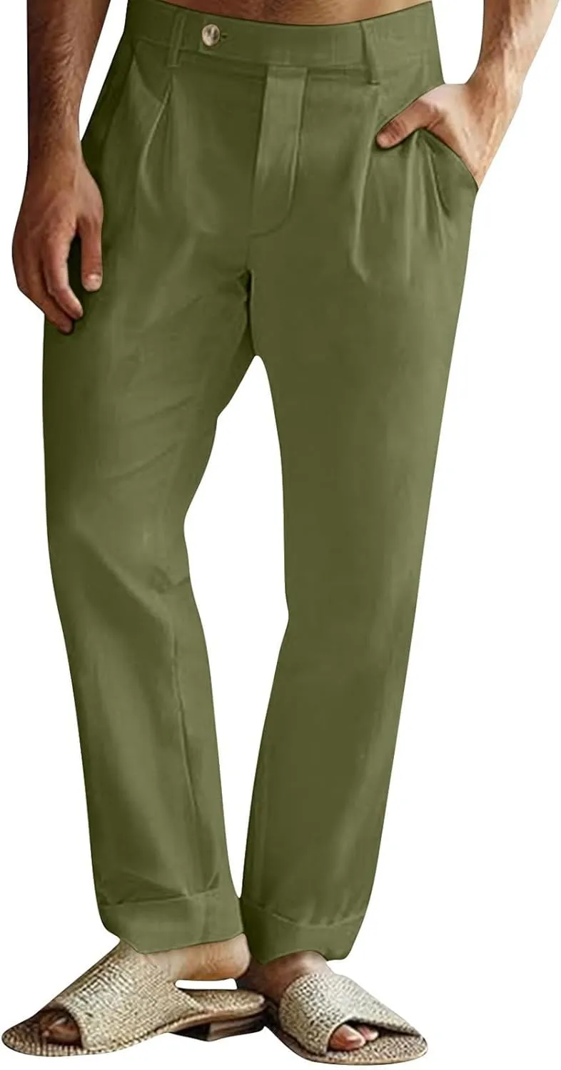 Mens Dress Casual Pants Plain Flat Front Pant Lightweight Beach Slacks Outdoor Fashion Summer Trouser with Pockets
