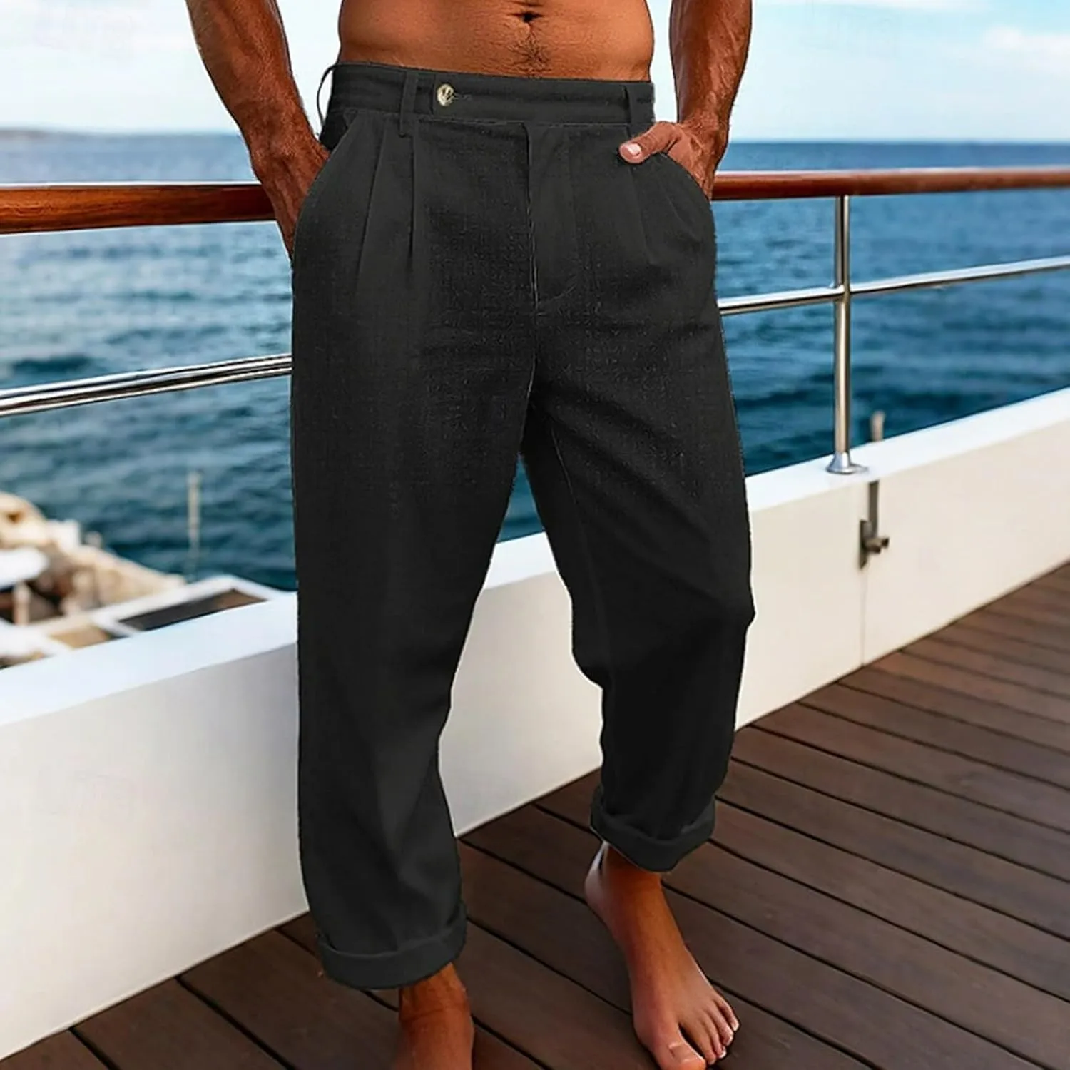 Mens Dress Casual Pants Plain Flat Front Pant Lightweight Beach Slacks Outdoor Fashion Summer Trouser with Pockets