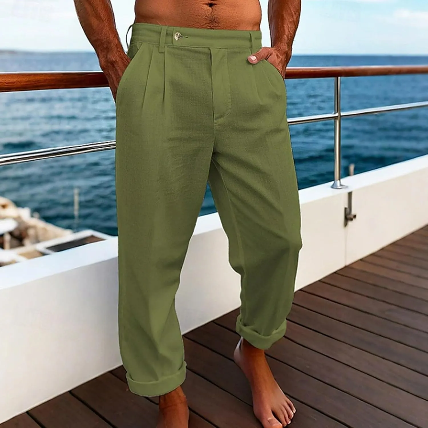 Mens Dress Casual Pants Plain Flat Front Pant Lightweight Beach Slacks Outdoor Fashion Summer Trouser with Pockets