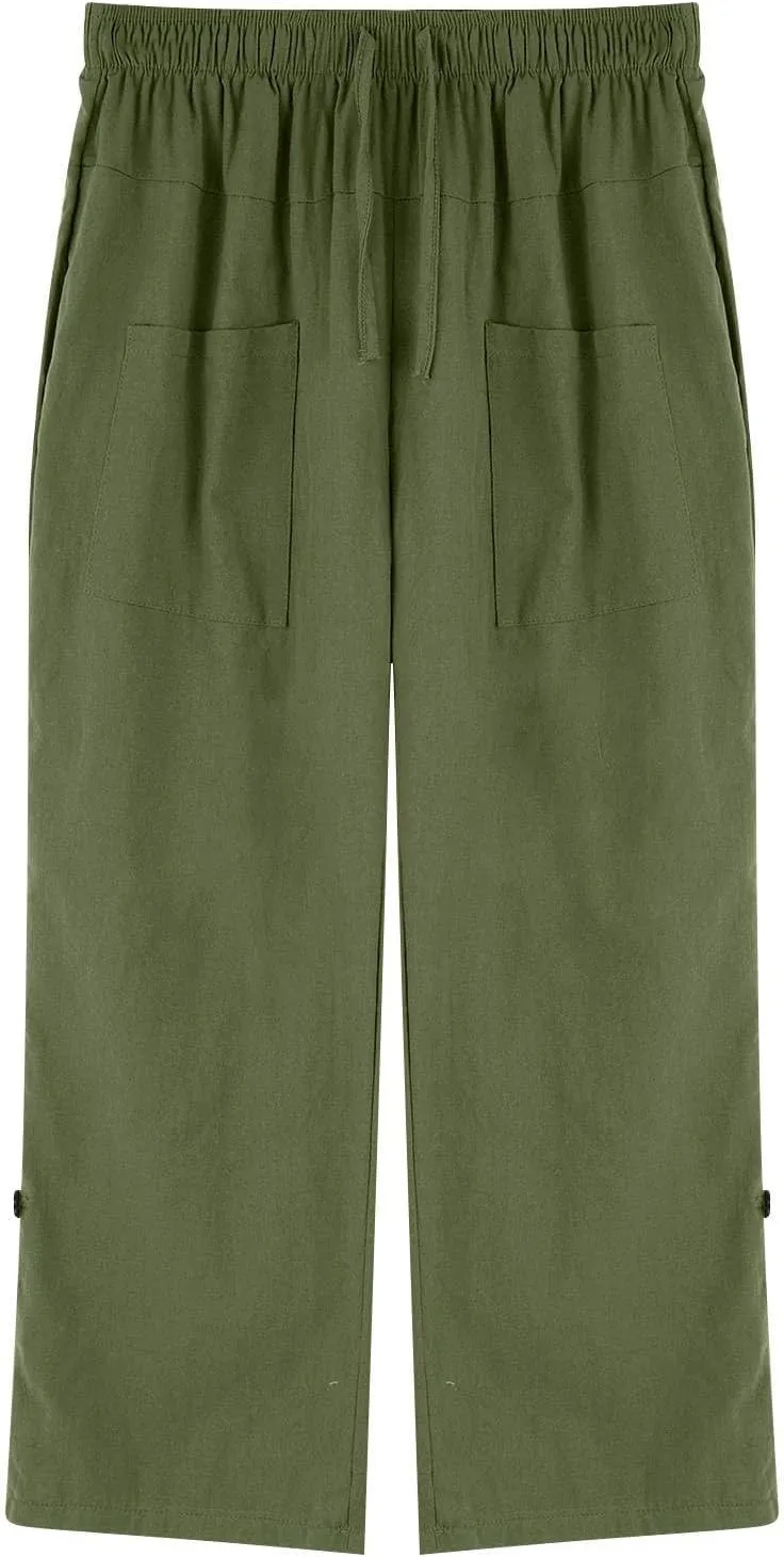 Mens Elastic High Waist Drawstring Baggy Beach Casual Pants Cotton and Linen Capri Pants Summer Outdoor Vacation Shorts 2024