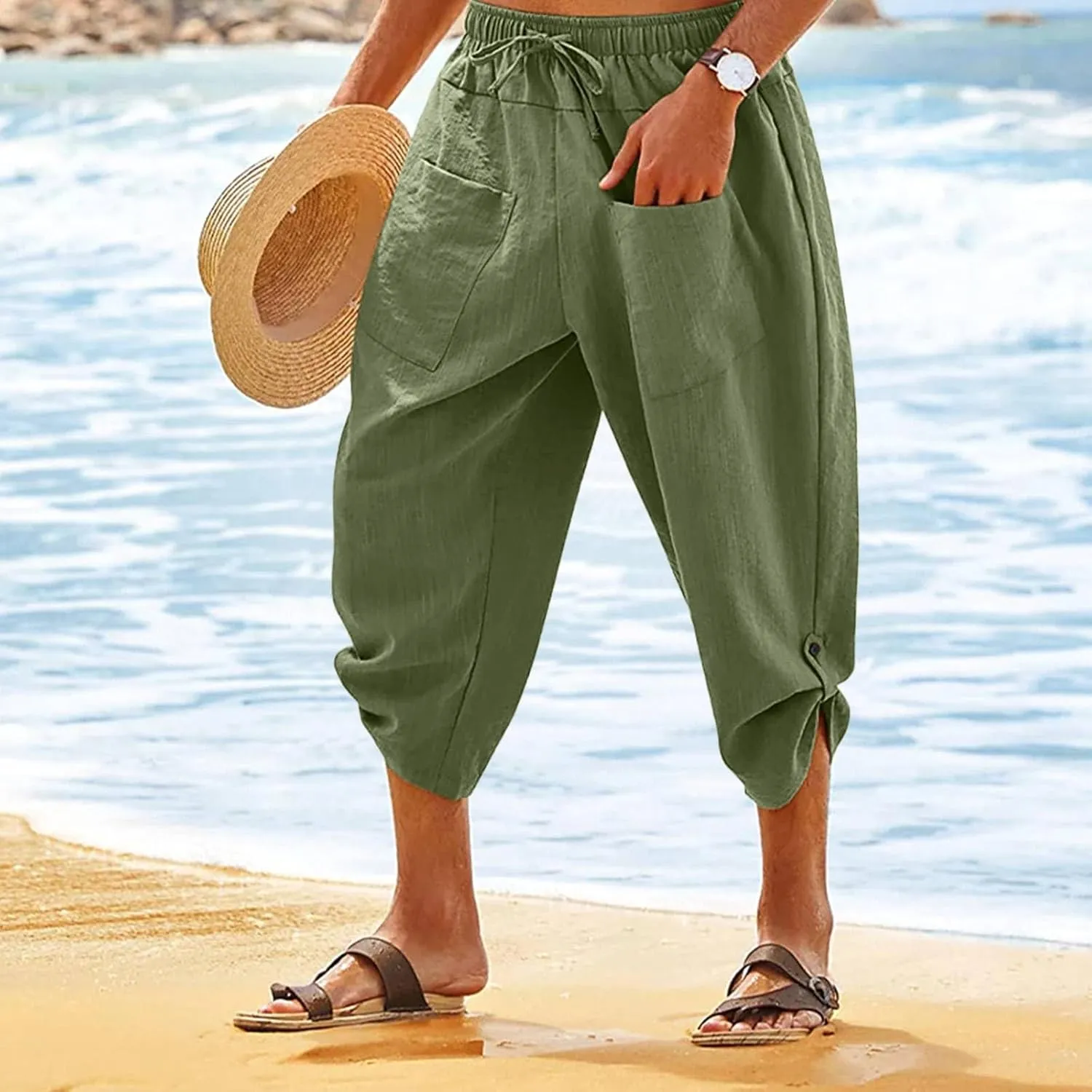 Mens Elastic High Waist Drawstring Baggy Beach Casual Pants Cotton and Linen Capri Pants Summer Outdoor Vacation Shorts 2024