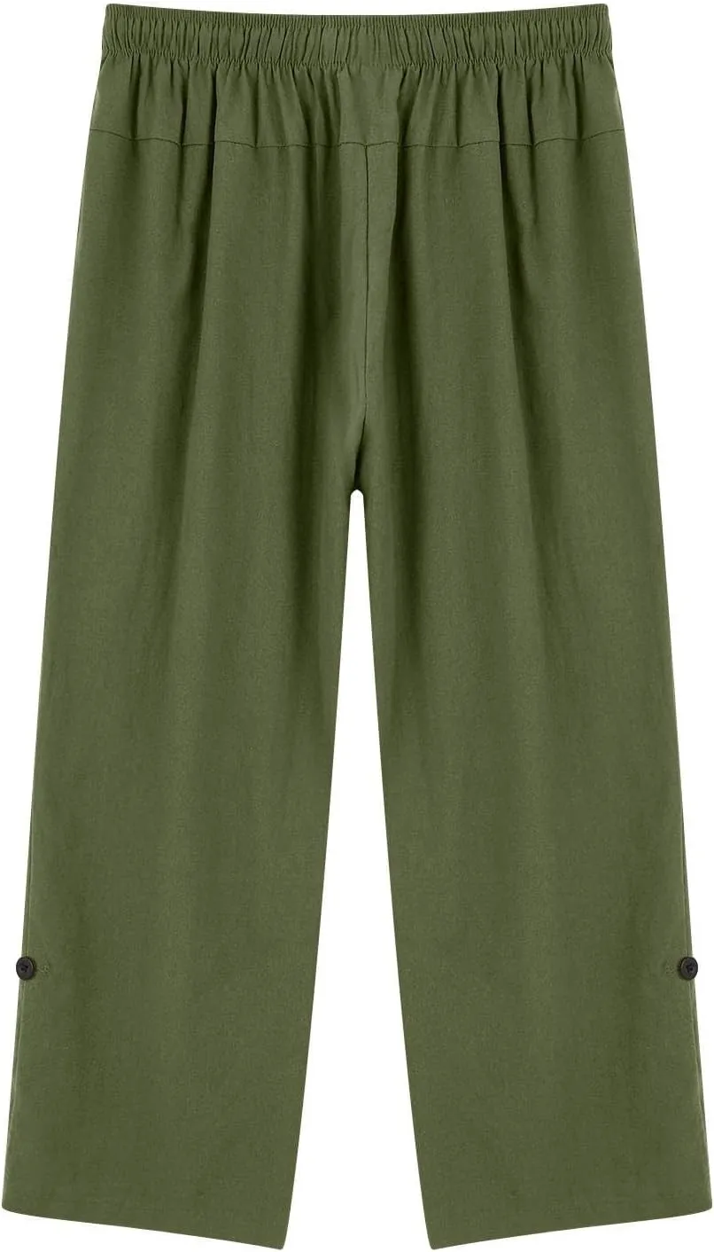 Mens Elastic High Waist Drawstring Baggy Beach Casual Pants Cotton and Linen Capri Pants Summer Outdoor Vacation Shorts 2024