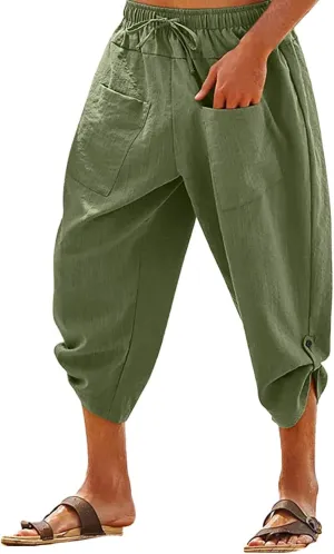 Mens Elastic High Waist Drawstring Baggy Beach Casual Pants Cotton and Linen Capri Pants Summer Outdoor Vacation Shorts 2024