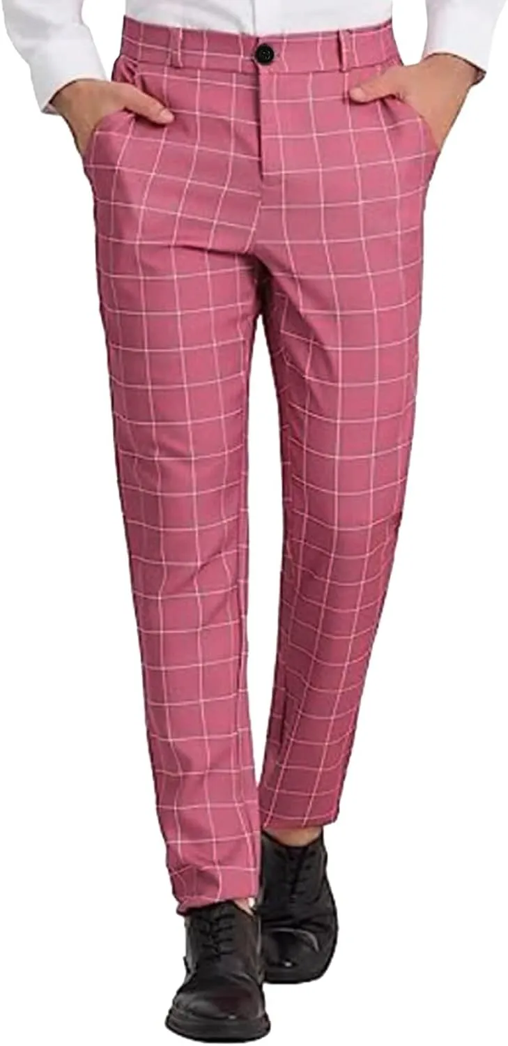 Mens Fashion Slim Fit Dress Pants Casual Work Plaid Skinny Straight Leg Pants Flat Front Business Golf Dress Pants Chinos