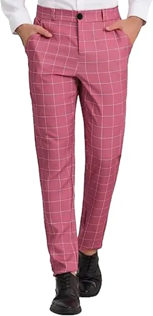 Mens Fashion Slim Fit Dress Pants Casual Work Plaid Skinny Straight Leg Pants Flat Front Business Golf Dress Pants Chinos