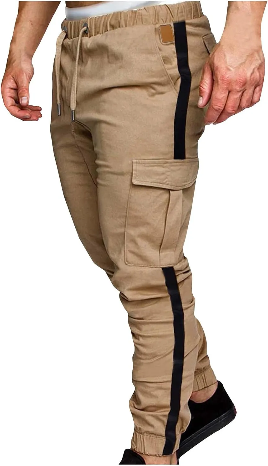Mens Funky Cargo Jogger Pants Slim Fit Stripe Cinch Bottom Track Pants Elastic Drawstring Waist Workout Sweatpants