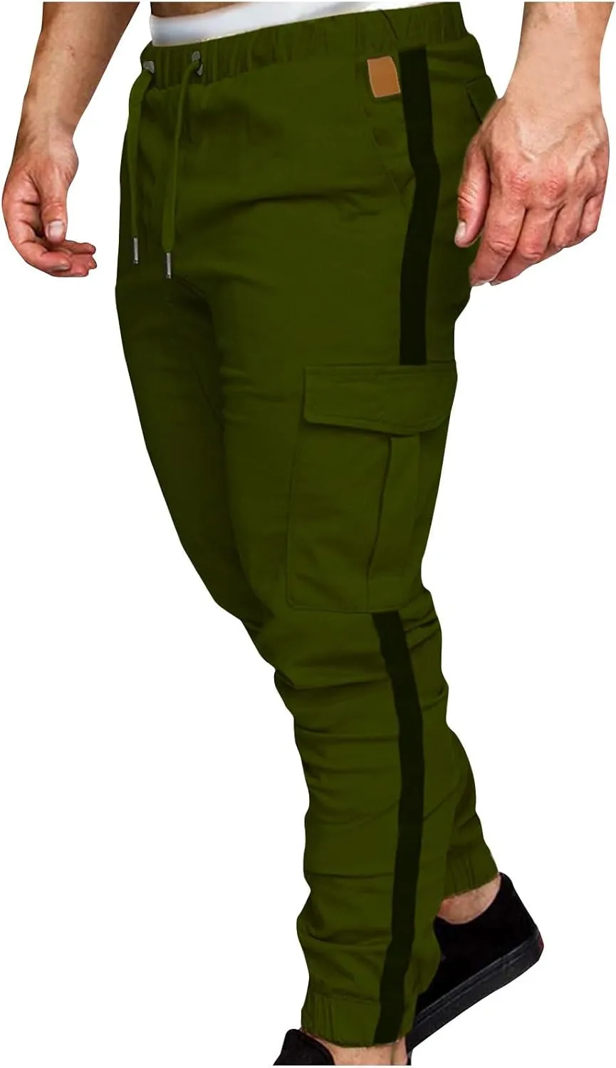 Mens Funky Cargo Jogger Pants Slim Fit Stripe Cinch Bottom Track Pants Elastic Drawstring Waist Workout Sweatpants