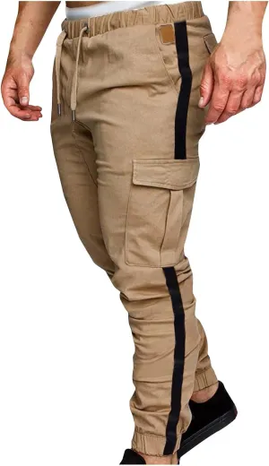 Mens Funky Cargo Jogger Pants Slim Fit Stripe Cinch Bottom Track Pants Elastic Drawstring Waist Workout Sweatpants