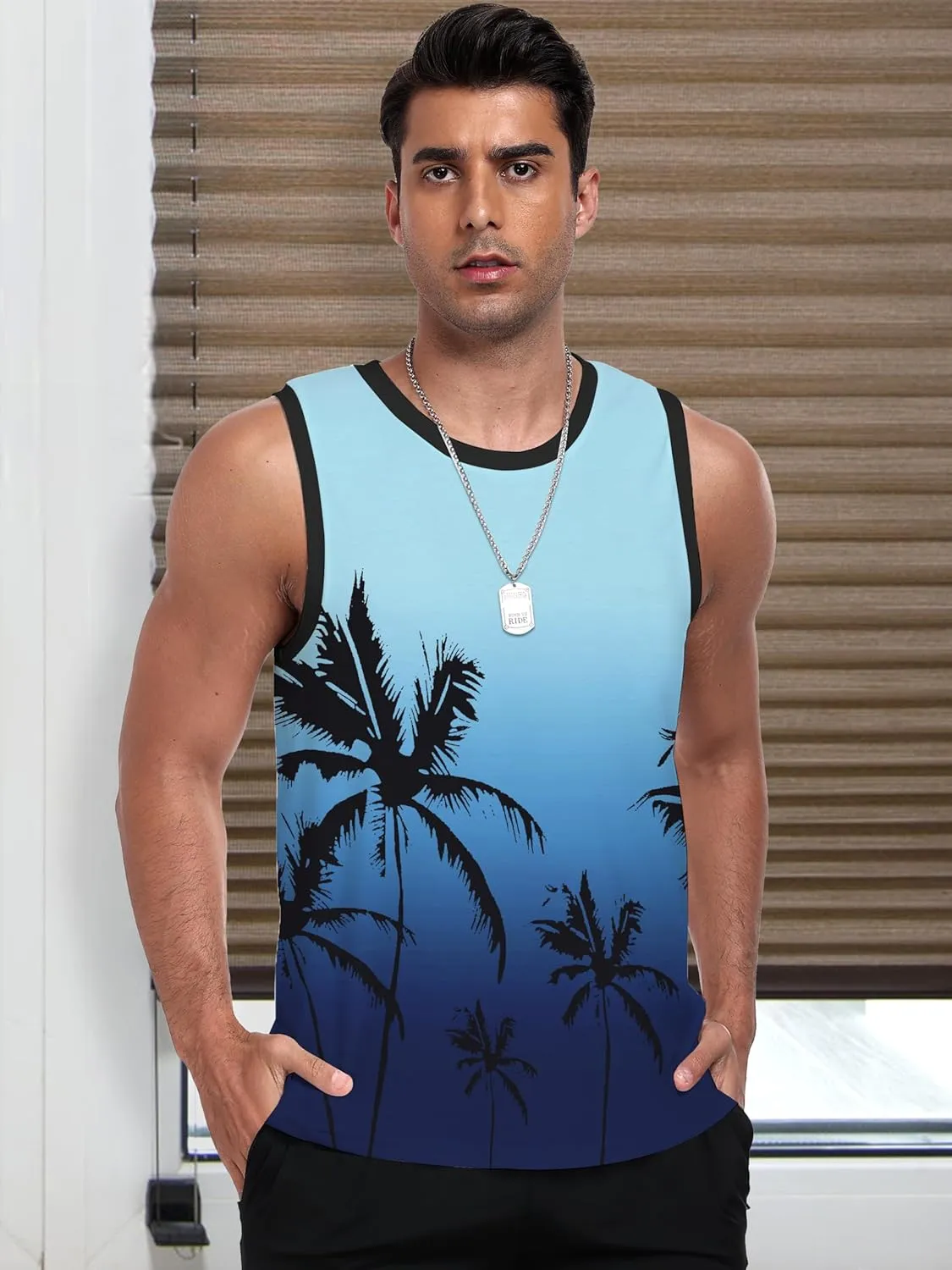 Mens Graphic Tank Tops Sleeveless Workout Gym Shirts Beach Hawaiian Coconut Tree Patriotic Style T-Shirt