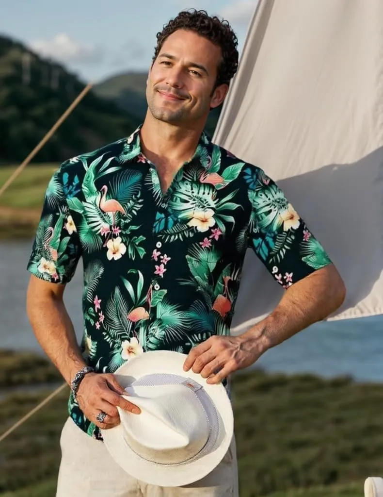 Men's Hawaiian Shirt Funky Blue Beach Printed Tropical Beach Shirt Casual Button Down Short Sleeve Floral Shirts Tops