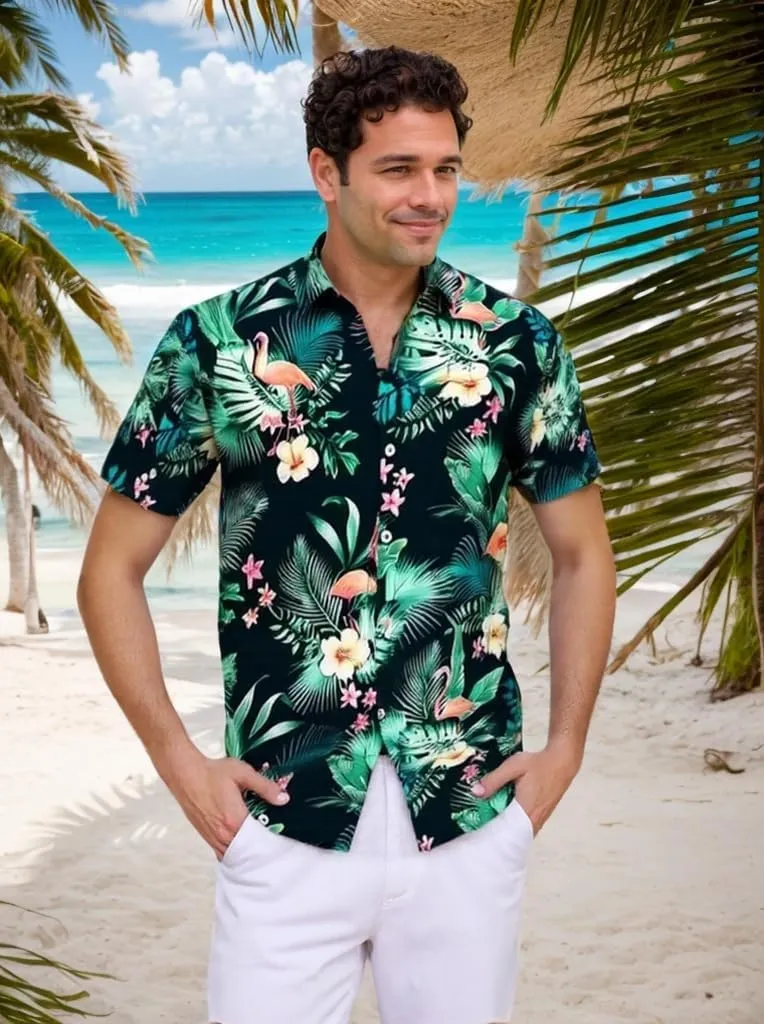 Men's Hawaiian Shirt Funky Blue Beach Printed Tropical Beach Shirt Casual Button Down Short Sleeve Floral Shirts Tops