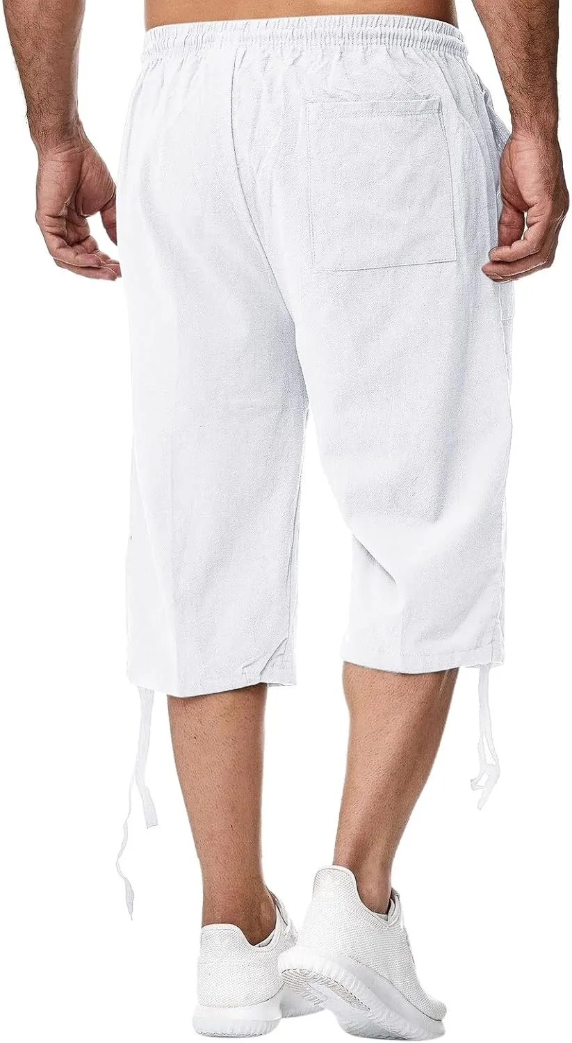 Mens Linen Below Knee Length 3/4 Drawstring Soft Casual Summer Sport Running Lounge Work Capri Shorts Pant