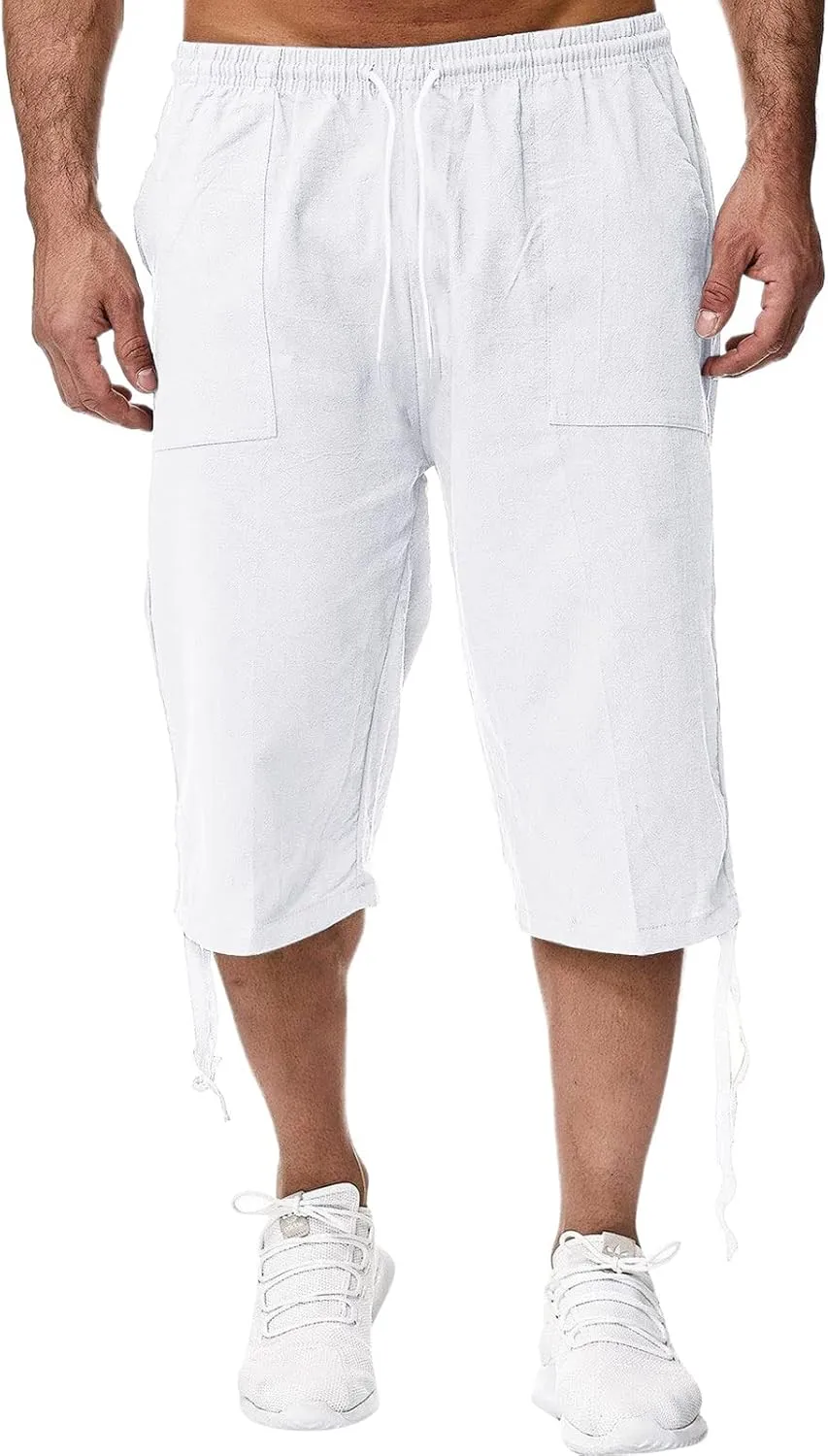 Mens Linen Below Knee Length 3/4 Drawstring Soft Casual Summer Sport Running Lounge Work Capri Shorts Pant