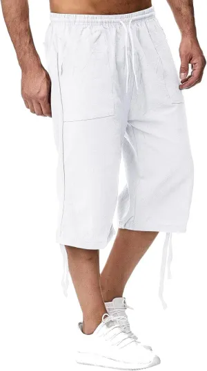 Mens Linen Below Knee Length 3/4 Drawstring Soft Casual Summer Sport Running Lounge Work Capri Shorts Pant