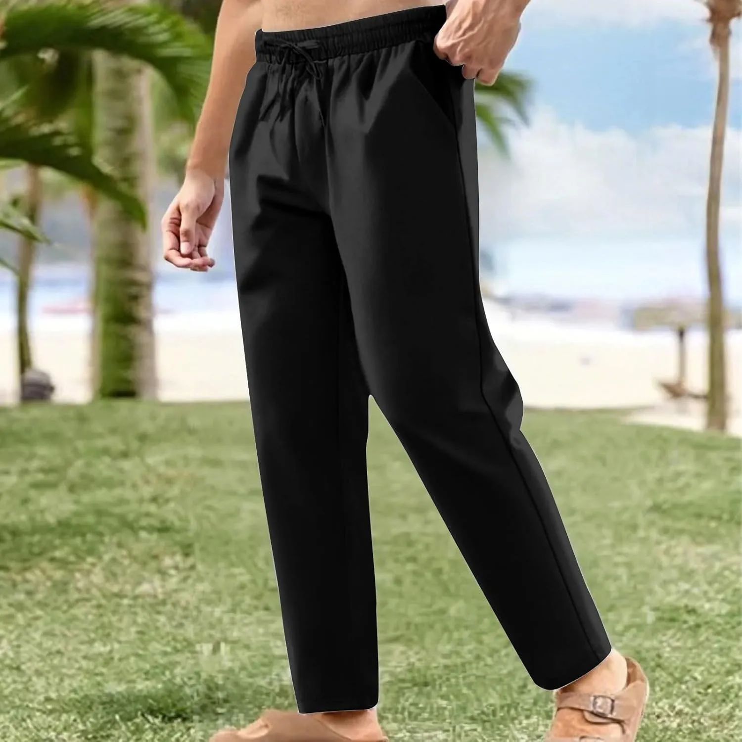 Men's Linen Casual Pants Elastic Waist Drawstring Yoga Beach Summer Pants 2025