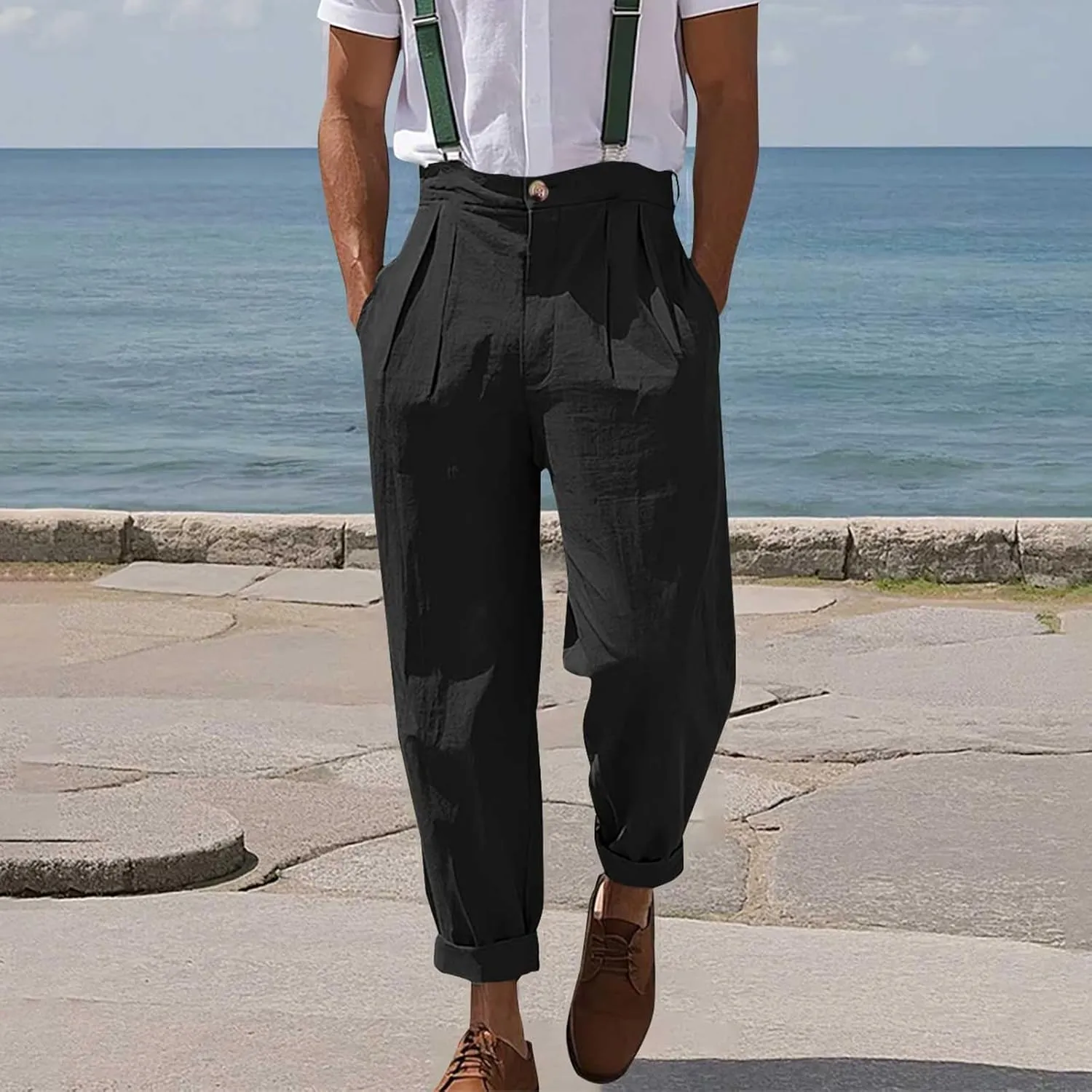 Mens Linen Pants Casual Front Pleated Yoga Pant Summer Outdoor Vacation Beach Lightweight Trousers Open Bottom Slacks