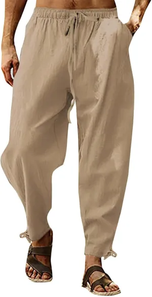 Men's Linen Pants Casual Plain Tapered Pant Summer Outdoor Vacation Beach Plus Size Trousers Lightweight Waist Slacks