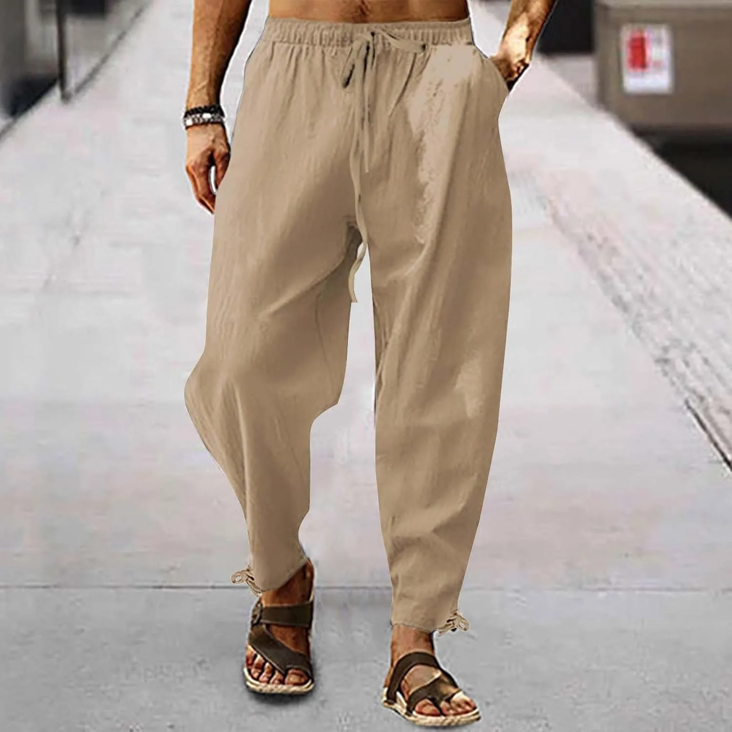 Men's Linen Pants Casual Plain Tapered Pant Summer Outdoor Vacation Beach Plus Size Trousers Lightweight Waist Slacks