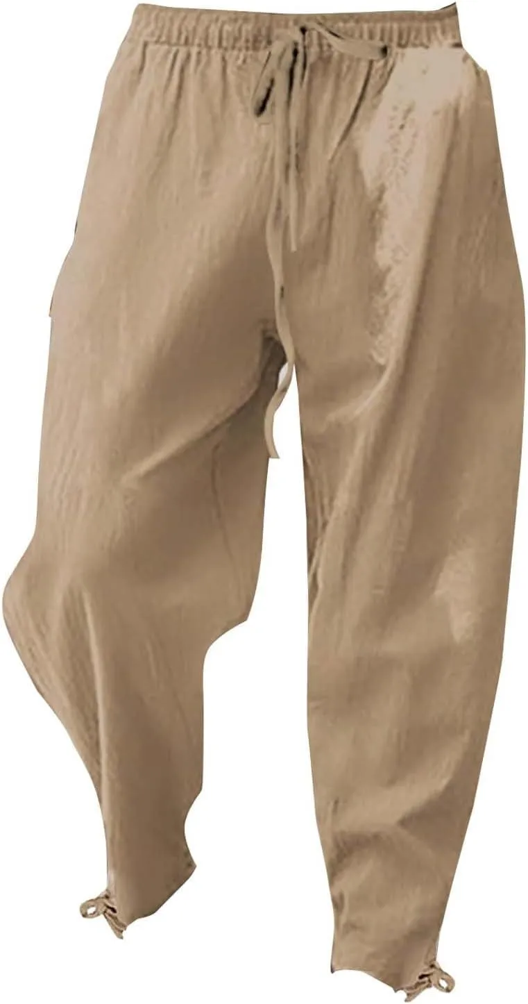 Men's Linen Pants Casual Plain Tapered Pant Summer Outdoor Vacation Beach Plus Size Trousers Lightweight Waist Slacks