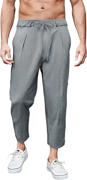 Men's Linen Pants Plus Size Plain Casual Pant Summer Outdoor Vacation Beach Trousers Lightweight Open Bottom Slacks