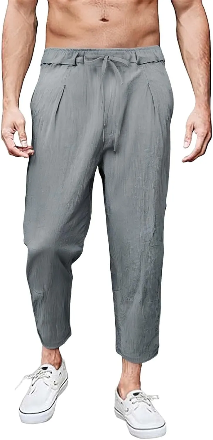 Men's Linen Pants Plus Size Plain Casual Pant Summer Outdoor Vacation Beach Trousers Lightweight Open Bottom Slacks