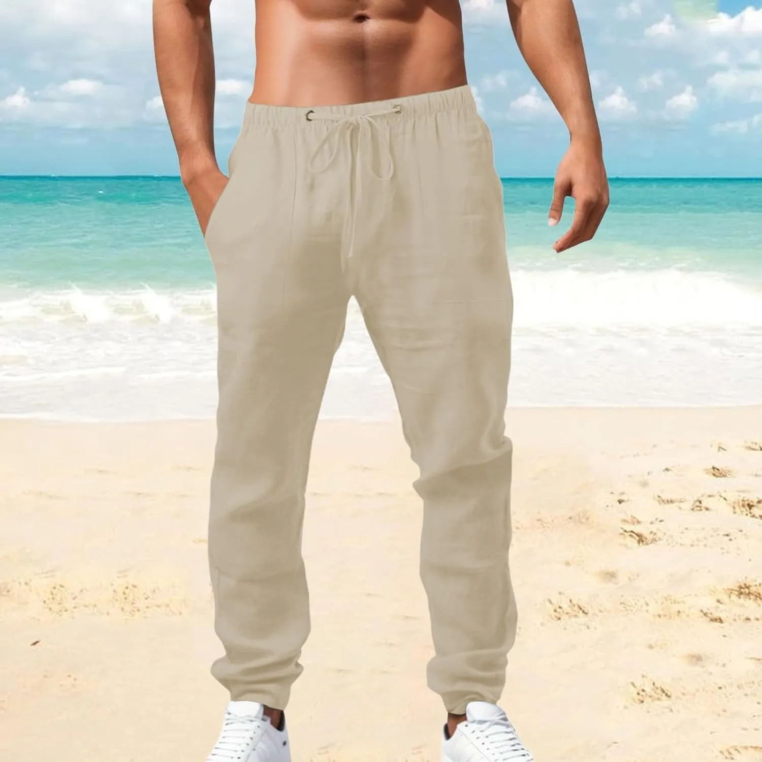Mens Linen Pants Plus Size Plain Casual Pants Lightweight Vacation Beach Slacks Summer Drawstring Waist Trousers