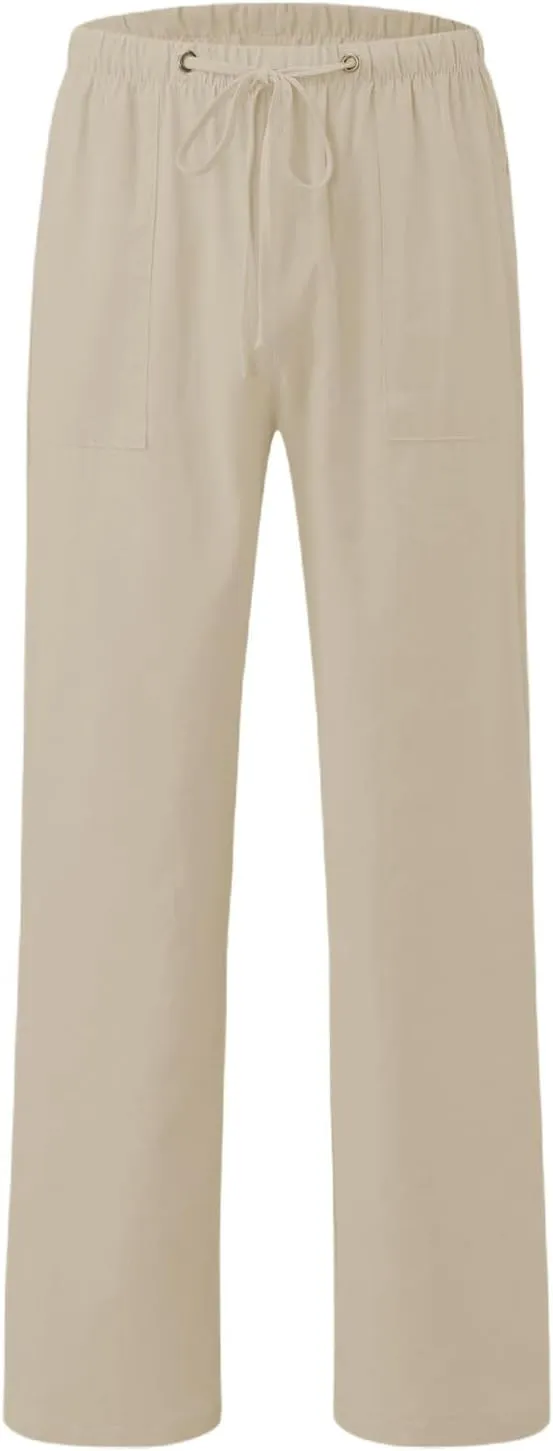 Mens Linen Pants Plus Size Plain Casual Pants Lightweight Vacation Beach Slacks Summer Drawstring Waist Trousers